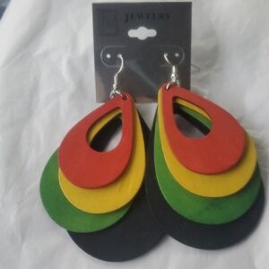 Rasta Wood  Colorful Layered Teardrop Earrings NWOT